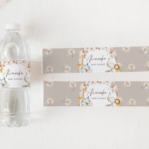 Etiqueta editable para botella de baby shower Boho Safari Etiquetas para botellas de agua Boho Jungle Baby Shower Plantilla de etiquetas imprimibles de animales Boho Safari 0284 imagen 2