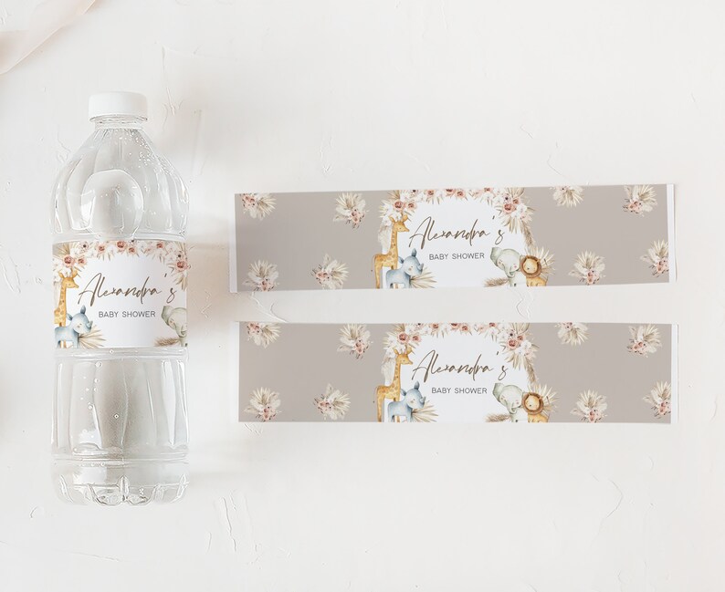 Etiqueta editable para botella de baby shower Boho Safari Etiquetas para botellas de agua Boho Jungle Baby Shower Plantilla de etiquetas imprimibles de animales Boho Safari 0284 imagen 2