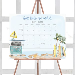 Baby an Bord der Babyparty Fälligkeitskalender Surf-Babypartykalender Sommer Strand Baby Geburtstag Voraussagen Ozean Vorlage 0271