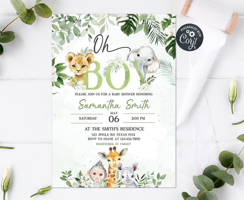 May include: A green and white baby shower invitation with a jungle theme. The invitation features a lion, elephant, giraffe, monkey, and rhinoceros. The text on the invitation reads "Oh Boy" and includes the name "Samantha Smith" and the date "May 06".