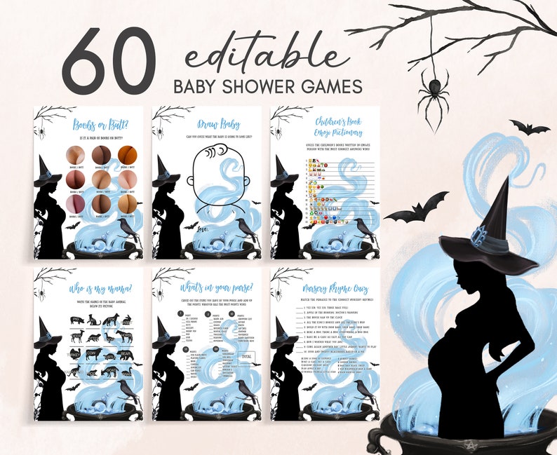 Editable A Baby is Brewing Halloween Baby Shower Games Bundle, Boy Halloween Baby Shower Game Pack, Witch Baby Shower Games Template 0449 image 1