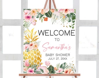 Editable Gold Pineapple Baby Shower Welcome Sign, Pink Floral Aloha Baby Shower Welcome Poster, Girl Hawaiian Tropical Baby Shower Sign 0762