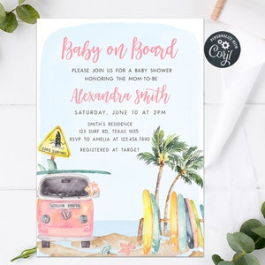 Editable Baby on Board Baby Shower Invitation Girl Beach Baby Shower Invite Surf Baby Invitation Summer Baby Shower Printable Template 0272
