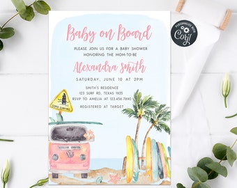 Editable Baby on Board Baby Shower Invitation Girl Beach Baby Shower Invite Surf Baby Invitation Summer Baby Shower Printable Template 0272