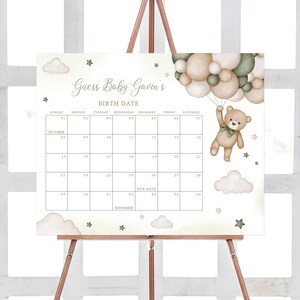 Bearbeitbarer geschlechtsneutraler Bären-Babyparty-Fälligkeitsdatumskalender, wir können Bären-Babypartykalender warten, grüne Ballon-Bär-Babyparty, 0506