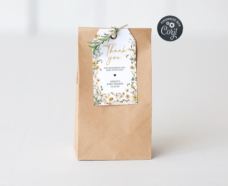 Etichette per bomboniere per baby shower con api modificabili, Etichetta regalo per baby shower neutro da mamma a ape, Etichette per bomboniere di ringraziamento per api di fiori selvatici, 0639 immagine 1