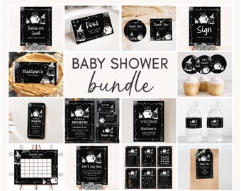 Paquete editable para baby shower de Halloween "Un bebé está gestando", paquete para baby shower de fantasmas espeluznantes, plantilla para mega paquete de baby shower de caldero de bruja, 01152