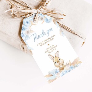 Editable Boy Rabbit Baby Shower Favor Tags, Blue Boho Rabbit Baby Shower Gift Tags, Pampas Grass Boy Bunny Baby Shower Thank You Tags, 0611 image 3