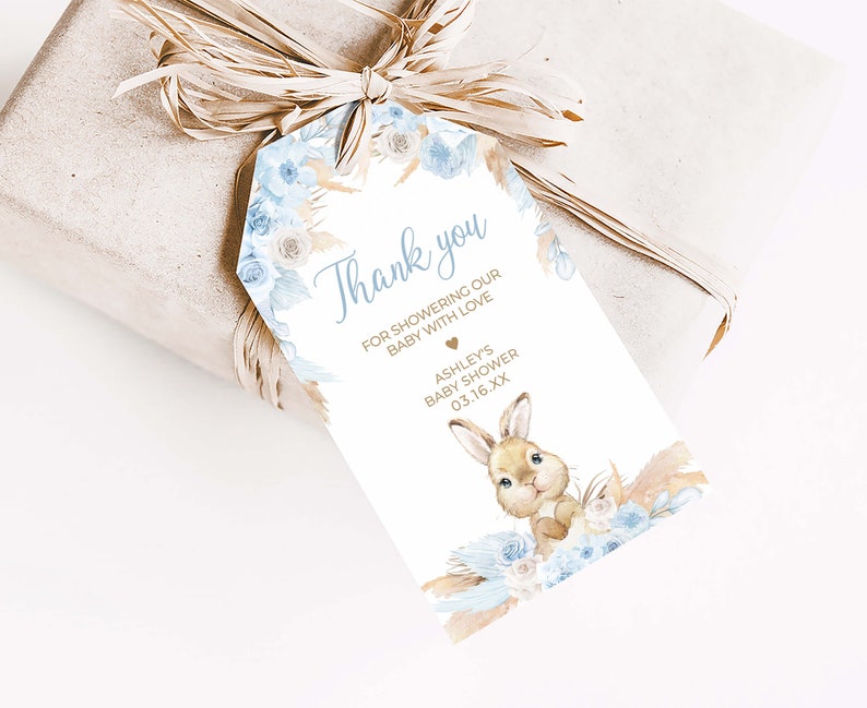 Editable Boy Rabbit Baby Shower Favor Tags, Blue Boho Rabbit Baby Shower Gift Tags, Pampas Grass Boy Bunny Baby Shower Thank You Tags, 0611 image 3