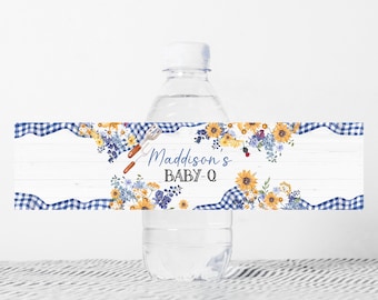 Editable Blue BBQ Baby Shower Bottle Label Baby-Q Shower Water Wrap Boy Backyard Barbeque Picnic Couples Shower Printable Template 0304