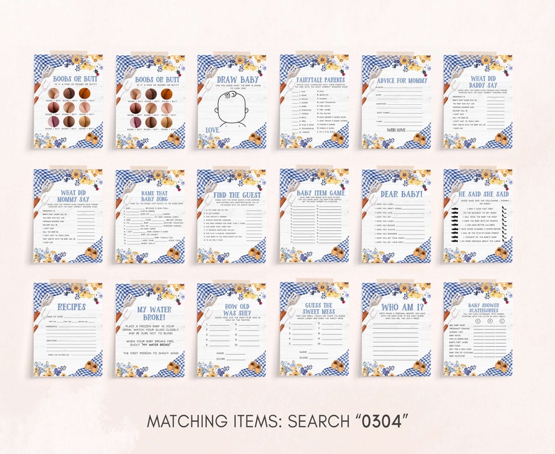 Peut inclure: Un ensemble de 12 cartes de jeu de baby shower imprimables avec un motif vichy bleu et blanc et des accents floraux. Les cartes pr&eacute;sentent divers jeux tels que "Seins ou Fesses", "Que Maman a-t-elle dit", "Nommez cette chanson de b&eacute;b&eacute;", "Trouvez l'invit&eacute;", "Jeu d'objets pour b&eacute;b&eacute;", "Cher B&eacute;b&eacute;", "Il a dit, elle a dit", "Recettes", "Mon eau a cass&eacute;", "Quel &acirc;ge avait-elle", "Devinez la friandise", "Qui suis-je", et "Bingo de baby shower".