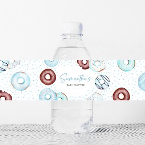 Editable Blue Donuts and Diapers Baby Shower Bottle Label, Boy Donuts Baby Shower Water Label, Blue Sweet Sprinkle Water Bottle Sticker 0652 image 1