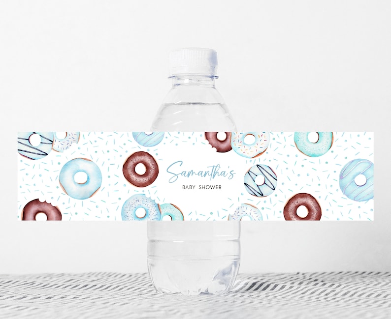 Editable Blue Donuts and Diapers Baby Shower Bottle Label, Boy Donuts Baby Shower Water Label, Blue Sweet Sprinkle Water Bottle Sticker 0652 image 1