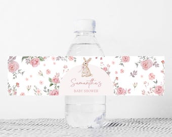 Editable Some Bunny Baby Shower Bottle Label, Pink Floral Spring Baby Shower Water Label, Spring Flower Girl Rabbit Bottle Sticker, 01025