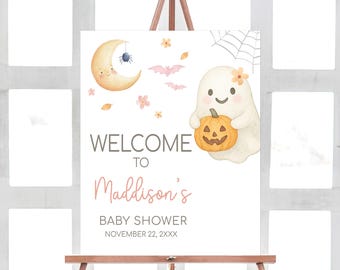 Letrero de bienvenida editable rosa para baby shower de "Nuestro Pequeño Boo", póster de bienvenida para baby shower de Halloween con una niña fantasmal, letrero de baby shower con un fantasma espeluznante, 01153