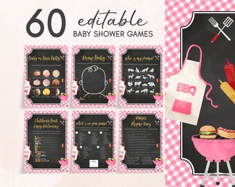 Bewerkbare meisje BBQ babyshower spelletjesbundel, roze Baby-Q pastel babyshower game pack, broodje in de oven achtertuin babyshower sjabloon, 0841