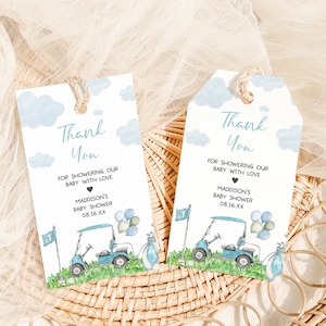 Bewerkbaar label voor golfbabyshower, een kleine putter is onderweg Cadeaukaartje jongen babyshower, Par-Tee coed babyshower bedankkaartje, 01093