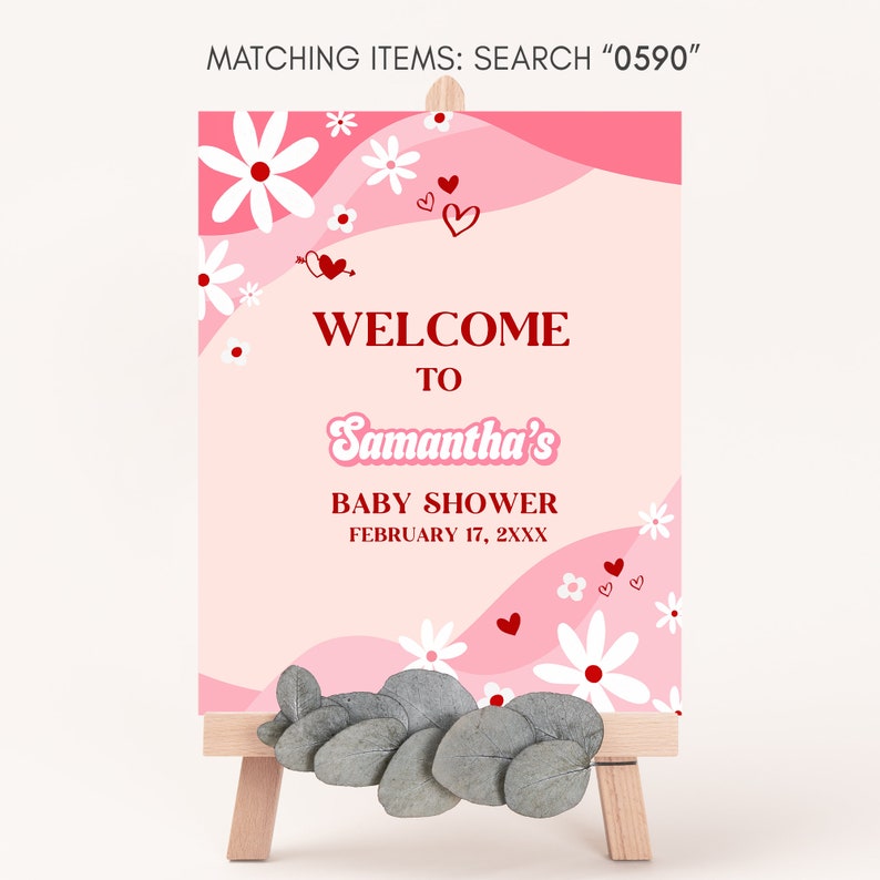 Editable Retro Groovy Valentine Sweetheart Baby Shower Welcome Sign, Valentine Baby Shower Welcome Poster, Red Heart Baby Shower Sign, 0590 image 3