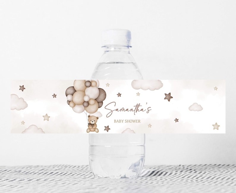 Editable Bear Balloon Baby Shower Bottle Label, We Can Bearly Wait Baby Shower Water Labels, Gender Neutral Brown Bear Bottle Stickers, 0605 image 1
