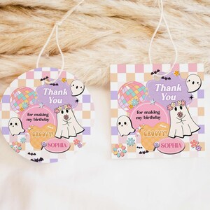 Editable Little Boo Halloween Birthday Round Favor Tag, Hippie Halloween Birthday Tag, Groovy Ghost Party Favor Tag, Girl 2nd Birthday, 96BD image 1