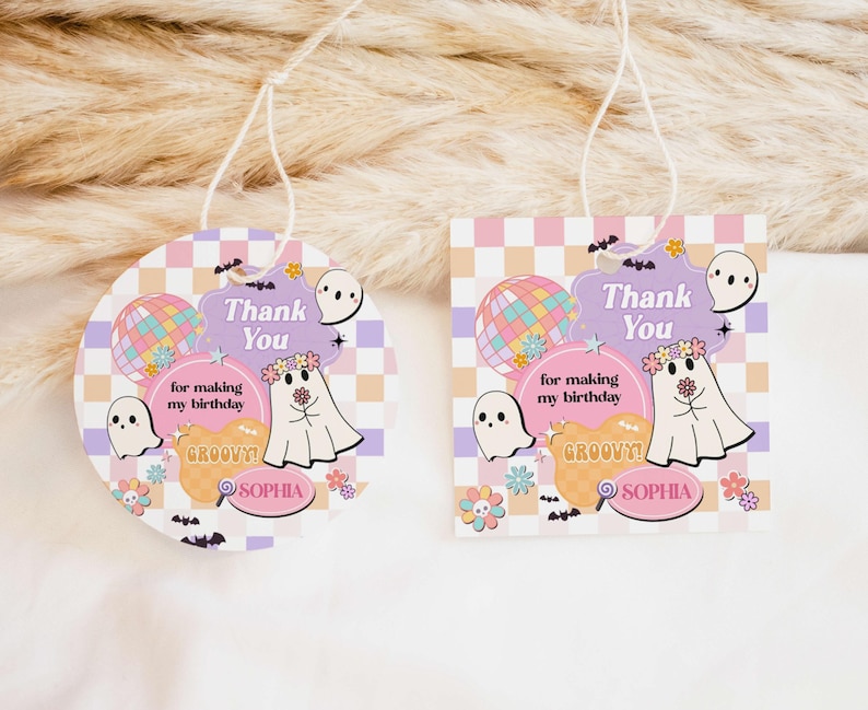 Editable Little Boo Halloween Birthday Round Favor Tag, Hippie Halloween Birthday Tag, Groovy Ghost Party Favor Tag, Girl 2nd Birthday, 96BD image 1