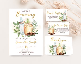 Peut inclure: Une invitation à une fête prénatale avec une illustration d'une tasse de café et d'un biberon. L'invitation indique "A Baby is Brewing" et comprend la date, l'heure et le lieu de l'événement. Elle comprend également le texte "Registered at Target".