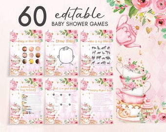 Paquete editable de juegos de baby shower para fiesta de té, paquete de juegos de baby shower A Baby is Brewing, plantilla de juegos de baby shower para fiesta de té floral rosa, 0279
