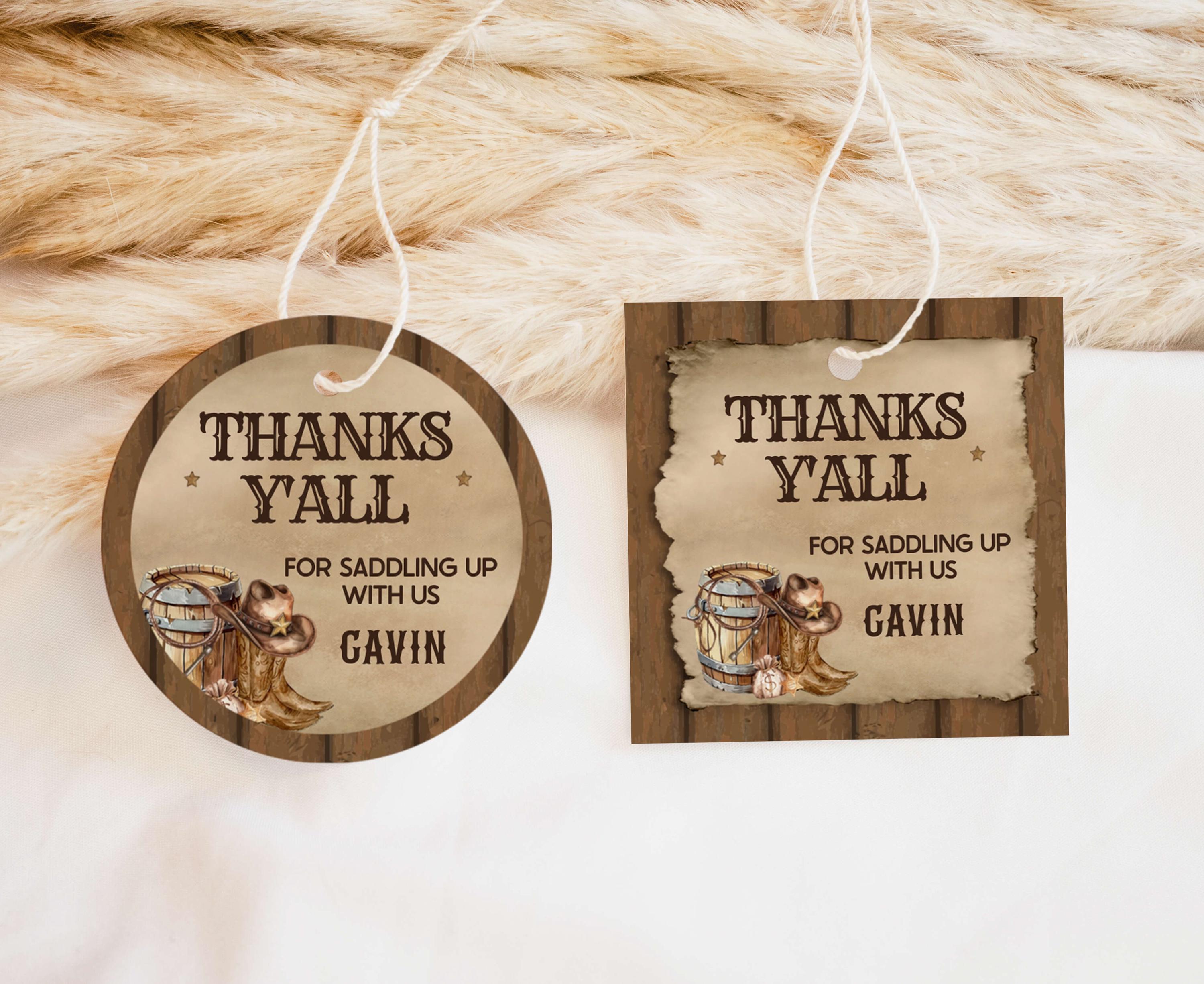 Editable Country Western Birthday Round Favor Tag, Rustic Wood Cowboy Party Tag, Wild West Birthday Gift Tag, Cowboy Hat Rodeo Birthday 79BD