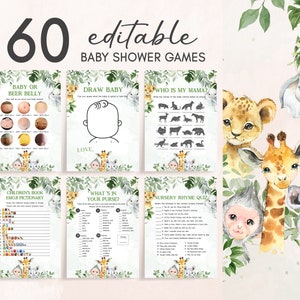K&ouml;nnte beinhalten: Ein Set mit 60 druckbaren Babyparty-Spielen mit Illustrationen von Dschungeltieren. Die Spiele beinhalten "Baby oder Bierbauch", "Baby zeichnen", "Wer ist meine Mama?", "Bilderbuch-Emoji-Pictionary", "Was ist in deiner Handtasche?" und "Kinderlied-Quiz".