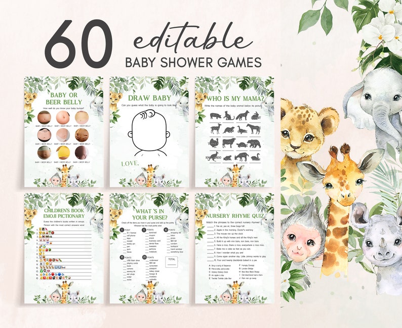 K&ouml;nnte beinhalten: Ein Set mit 60 druckbaren Babyparty-Spielen mit Illustrationen von Dschungeltieren. Die Spiele beinhalten "Baby oder Bierbauch", "Baby zeichnen", "Wer ist meine Mama?", "Bilderbuch-Emoji-Pictionary", "Was ist in deiner Handtasche?" und "Kinderlied-Quiz".