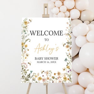 Bearbeitbares Bienen-Babyparty-Willkommensschild, Mama zur Biene, geschlechtsneutrales Babyparty-Willkommensplakat, Wildblumenbiene-Babypartyschild-Vorlage 0639