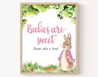 Babies are Sweet Sign Pink Peter Rabbit Baby Shower Girl Rustic Bunny Baby Shower Sweet Treat Sign Spring Garden Party Decor Template 0241
