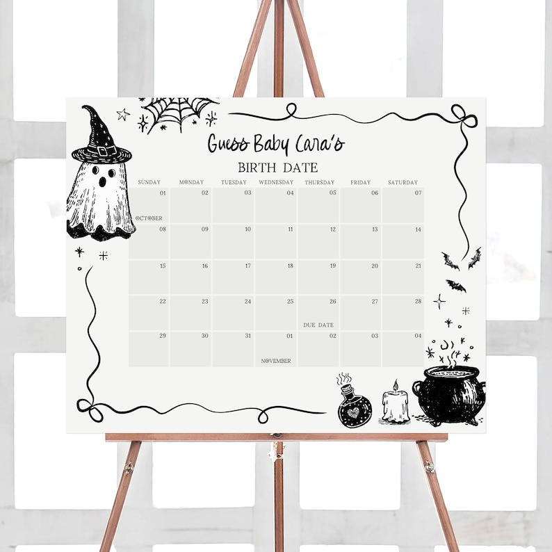 a calendar with Halloween-themed illustrations, including a ghost, a witch's hat, a cauldron, and bats. The calendar displays the date for "Guess Baby Cara's Birthday Date" and includes the days of the week and the date of the birthday.