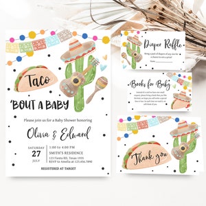 Bewerkbare Taco A Bout A Baby Fiesta babyshower uitnodigingsbundel, Mexicaanse babyshower uitnodigingsset, genderneutrale cactus babyshower, 0740