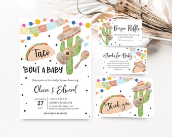 May include: A baby shower invitation with a taco, cactus, guitar, and maracas. The invitation says "Taco 'Bout A Baby" and includes the names Olivia & Edward, the date, time, and location of the shower. The invitation also includes the text "Registered at Target".