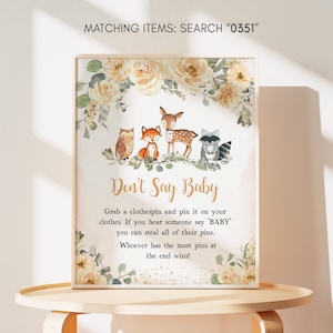 Don't Say Baby Sign Fall Woodland Baby Shower, Fall Floral Baby Shower Dont Say Baby Game Sign Gender Neutral Woodland Animals Template 0351