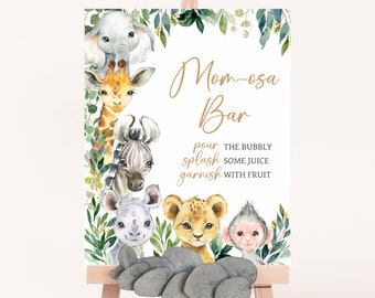 Mom Osa Bar Sign A Little Wild One Baby Shower, Jungle Safari Baby Shower Momosa Sign, Greenery Safari Animals Baby Shower Mimosa Sign, 0601