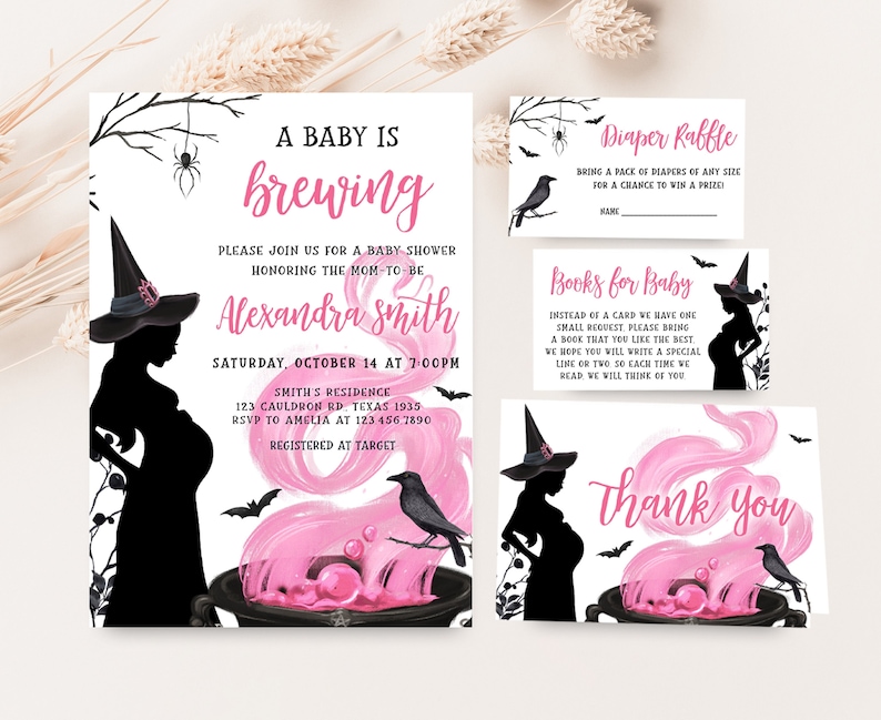 May include: A collection of baby shower stationery with a witchy design. The main invitation card reads "A Baby is Brewing" and features a pregnant silhouette in a witch's hat. Other cards include "Diaper Raffle," "Books for Baby," and a thank you card.