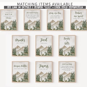 May include: Ten printable signs for a baby shower with a woodland theme. The signs feature a watercolour mountain scene with pine trees and a light brown background. The signs have text that says "Please help to be mom-to-be addressee", "Late night diapers", "Mom-osa bar", "Babies are sweet", "Drinks", "Food", "Books & Gifts", "Diaper Raffle", "Favors", and "Don't say baby".