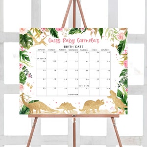 Bearbeitbarer Mädchen-Dinosaurier-Babyparty-Fälligkeitsdatumskalender, rosa Blumen-Dinosaurier-Babypartykalender, Greenery-Gold-Dinosaurierkalender-Kalenderspiel 0316