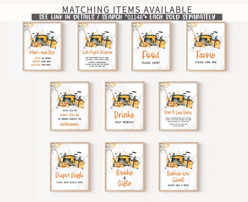 a collection of nine framed items, each with a different design and text, arranged in a grid. The items include a poster with a pumpkin, a poster with a truck, a poster with a book, a poster with a baby, a poster with a drink, a poster with a book, a poster with a gift, and a poster with a diaper rattle. The text on the posters varies, but they all seem to be related to baby-related items or activities.
