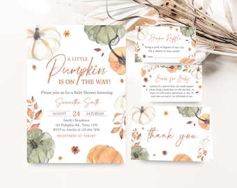 May include: A set of baby shower stationery with a fall theme. The invitation reads "A Little Pumpkin is on the Way!" with watercolor pumpkins and leaves. Includes a diaper raffle card, a book request card, and a thank you card.