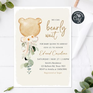 Editable We Can Bearly Wait Baby Shower Invitation, Teddy Bear Baby Shower Invite, Gender Neutral Brown Bear Balloon Printable Template 0292
