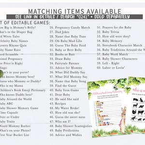 May include: A set of printable baby shower games with a green and pink floral design. The games include "How Big is Mommy's Belly?", "What's in the Diaper Bag", "Old Wives Tales", "Celebrity Baby Names", "Nursery Rhyme Quiz", "Baby Name Race", "Word-Scramble", "Animal Pregnancy", "The Price is Right", "Bingo", "What's in your purse?", "Who knows Mommy best?", "Guess who Mommy or Daddy?", "Who is my Mama", "Children's Book Emoji Pictionary", "Who knows Daddy best?", "Baby Around the World", "Baby ABC", "Baby Shower Memory Game", "Time Capsule", "Over or Under", "Baby Traits", "Would Mommy Rather", "What's on your Phone?", "First Year Bucket List", "Pregnancy Candy Match", "Dad Jokes", "Name that Baby Tune", "Oh Baby Mad Libs", "Guess The Baby Food", "Baby or Beer Belly", "Boobs or Butt", "Draw Baby", "Fairytale Parents", "Advice for Mommy", "What Did Daddy Say", "What Did Mommy Say", "Name that Baby Song", "Find the Guest", "Baby Item Game", "Dear Baby", "He said She said", "Recipes", "My Water Broke!", "How old was she?", "Guess the sweet mess", "Who am I?", "Baby Shower Scattegories", "Baby Predictions", "Advice and Wishes", "Prayers for the Baby", "Baby Trivia", "How old were they?", "Baby Memory", "Storybook Character Match", "Baby Traditions Around the World", "Baby Word Match", "Baby Shower Characters", "Left - Right", "Labor or Lovin'".