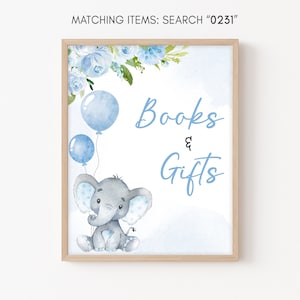 Cadeaux et livres pour baby shower éléphant, enseigne de table ballon bleu baby shower cadeaux, signe de cadeau Safari éléphant bébé garçon modèle imprimable 0231
