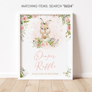 Diaper Raffle Sign Bunny Girl Baby Shower, Pink Floral Baby Shower Diaper Game Sign, A Little Bunny Rabbit Spring Baby Shower Signs, 0624