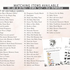 May include: A list of editable baby shower games, including "How Big is Mommy's Belly?" and "Baby Trivia." The image also features two printable game sheets with skull and floral designs, and the text "Children's Book Emoji Pictionary."