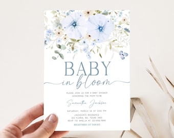Editable Baby in Bloom Boy Baby Shower Invitation, Dusty Blue Wildflower Baby Shower Invite, Boy Spring Flowers Baby Shower Invitation, 0684