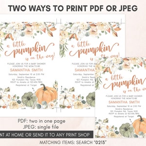 Puede incluir: Invitaci&oacute;n a baby shower con el texto "a little pumpkin is on the way!" en escritura elegante. El dise&ntilde;o presenta calabazas, flores y vegetaci&oacute;n en acuarela. Incluye detalles del evento e instrucciones de impresi&oacute;n.