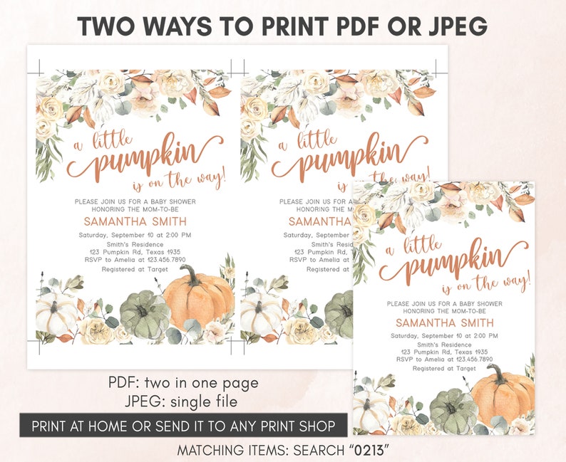 Puede incluir: Invitaci&oacute;n a baby shower con el texto "a little pumpkin is on the way!" en escritura elegante. El dise&ntilde;o presenta calabazas, flores y vegetaci&oacute;n en acuarela. Incluye detalles del evento e instrucciones de impresi&oacute;n.